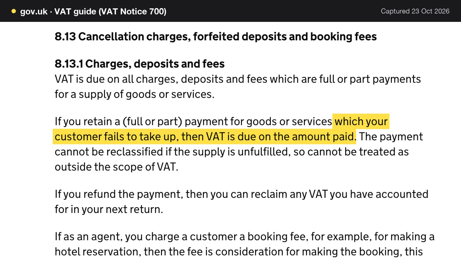 Screenshot of VAT guide (VAT Notice 700) on gov.uk, with the words "which your customer fails to take up, then VAT is due on the amount paid" highlighted.
