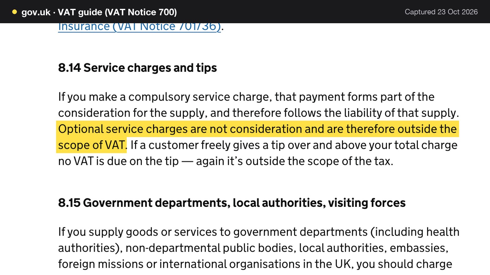 Screenshot of VAT guide (VAT Notice 700) on gov.uk, with the words "Optional service charges are not consideration and are therefore outside the scope of VAT" highlighted.