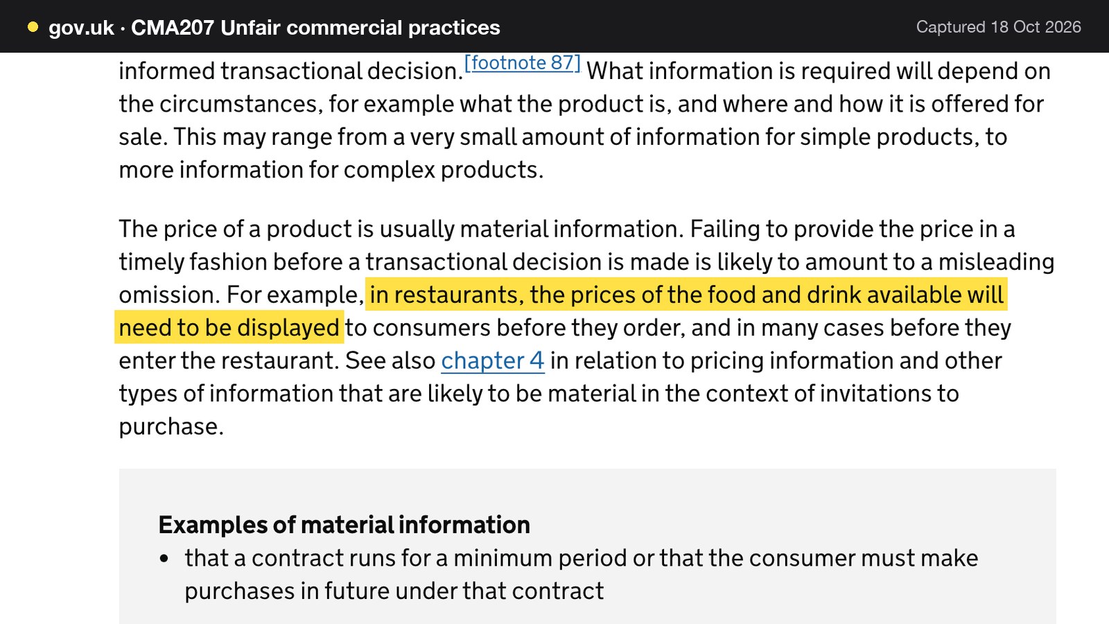 Screenshot of CMA207 Unfair commercial practices on gov.uk, with the words "in restaurants, the prices of the food and drink available will need to be displayed" highlighted.