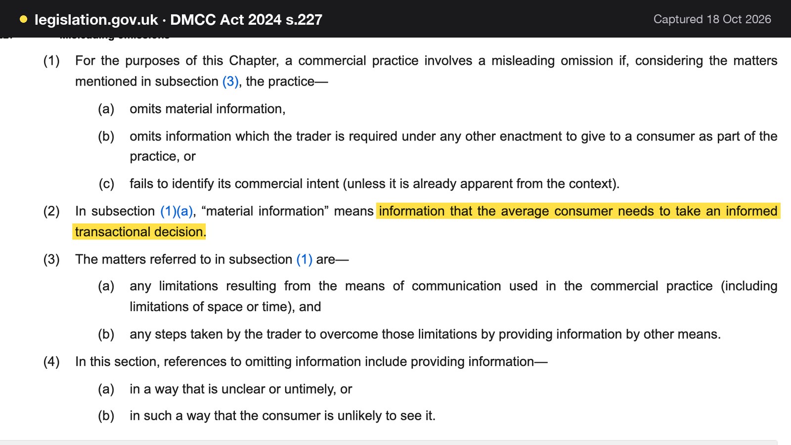 Screenshot of DMCC Act 2024 s.227 on legislation.gov.uk, with the words "information that the average consumer needs to take an informed transactional decision" highlighted.