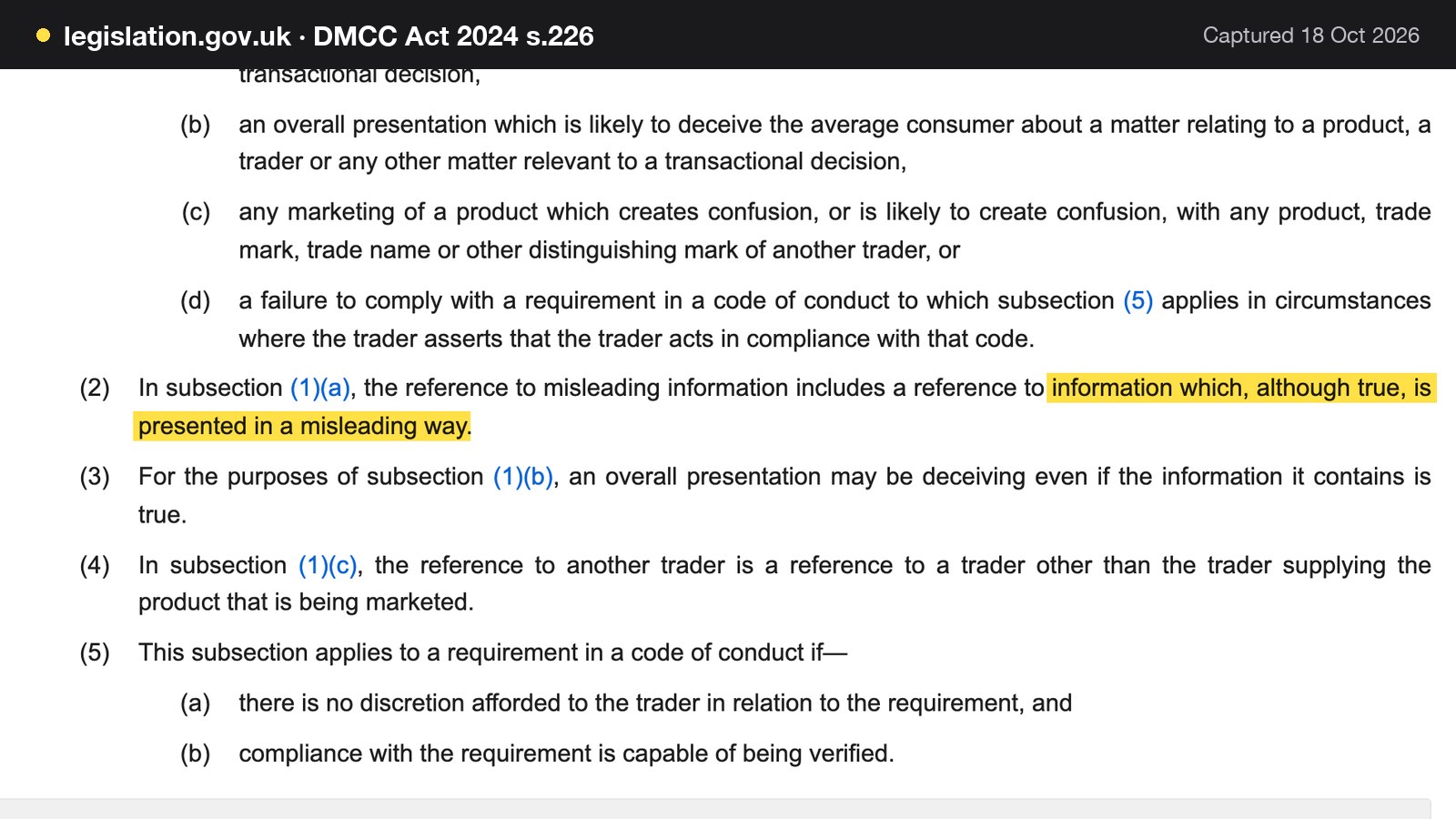 Screenshot of DMCC Act 2024 s.226 on legislation.gov.uk, with the words "information which, although true, is presented in a misleading way" highlighted.
