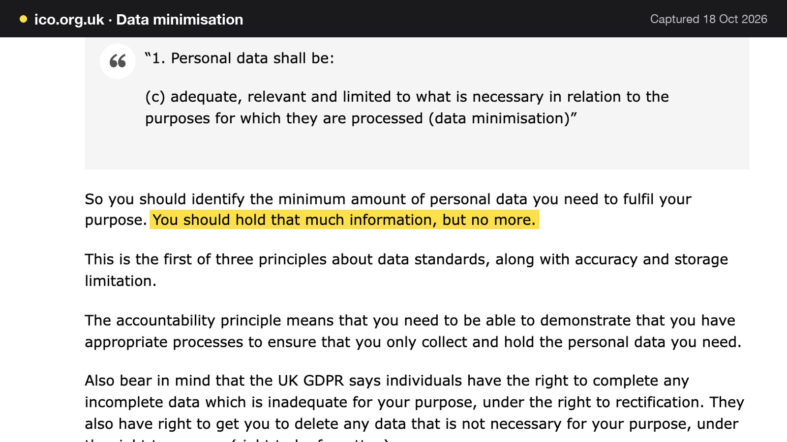 Screenshot of Data minimisation on ico.org.uk, with the words "You should hold that much information, but no more." highlighted.