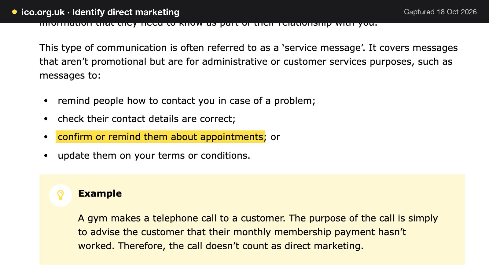Screenshot of Identify direct marketing on ico.org.uk, with the words "confirm or remind them about appointments" highlighted.