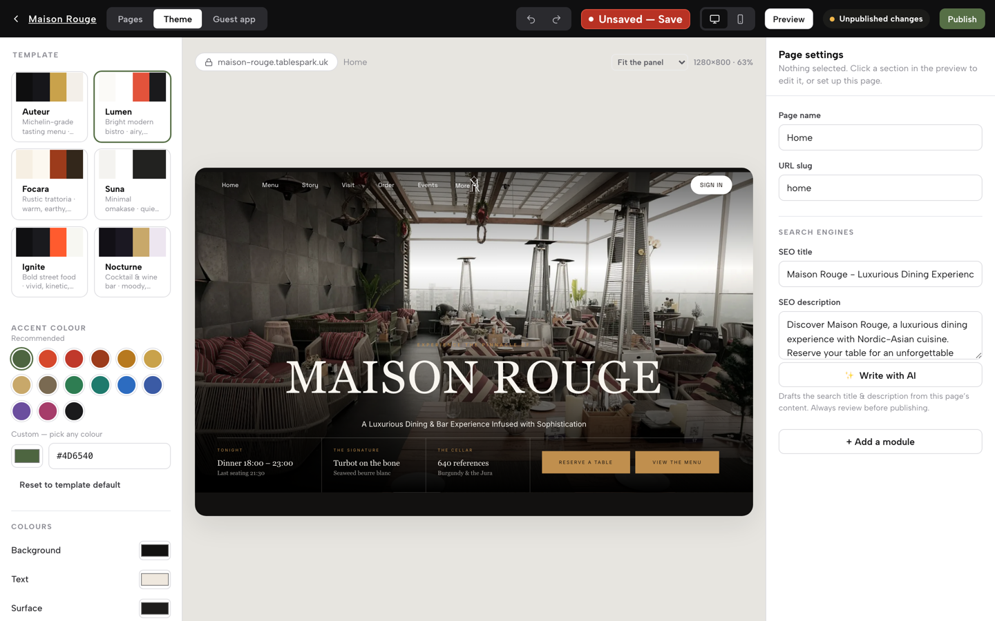 The new accent colour applied in the Theme panel, the Pages tab above the template gallery
