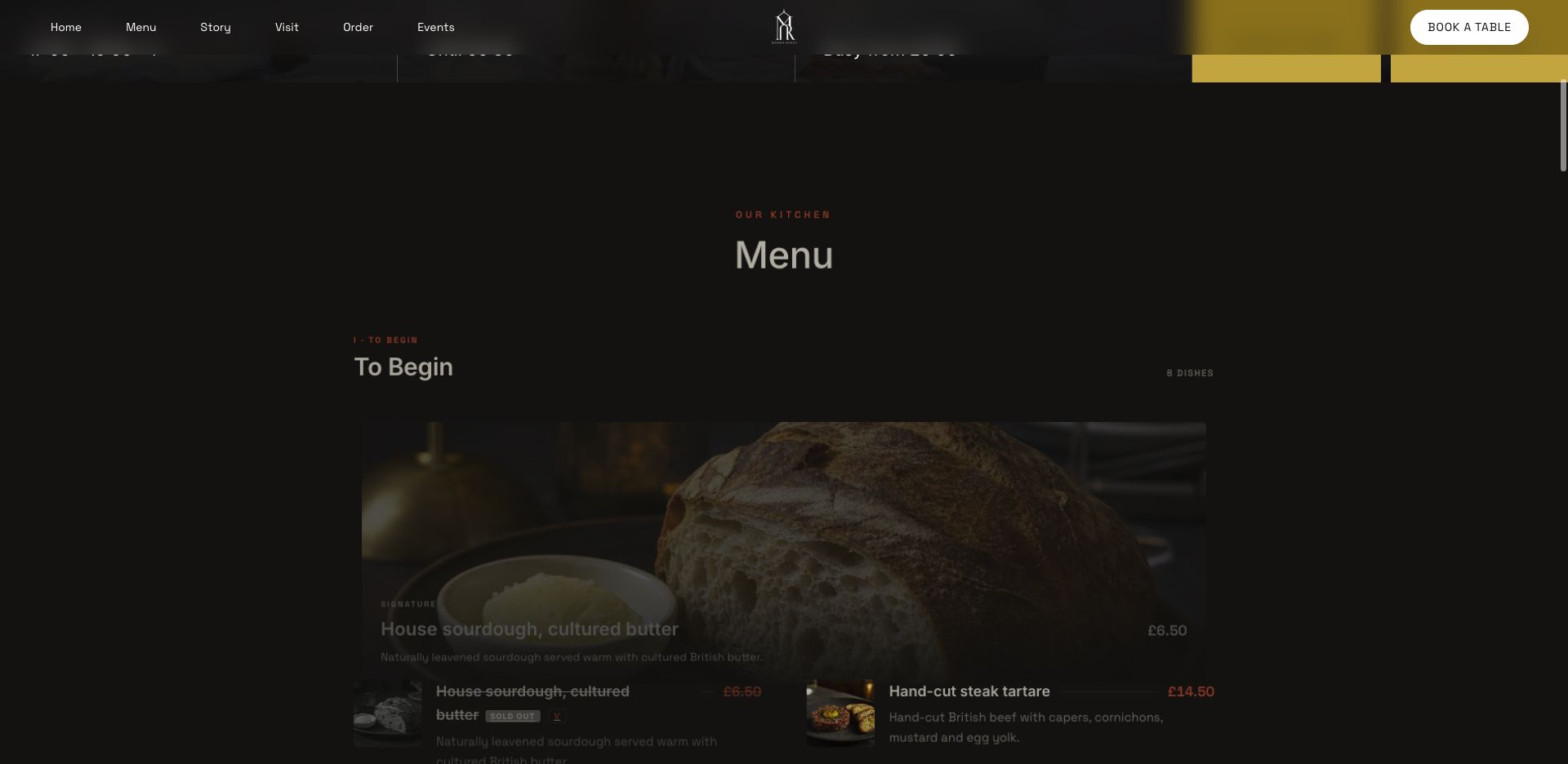 TableSpark public restaurant menu showing structured sections, dish names, descriptions and prices in a guest-facing layout.