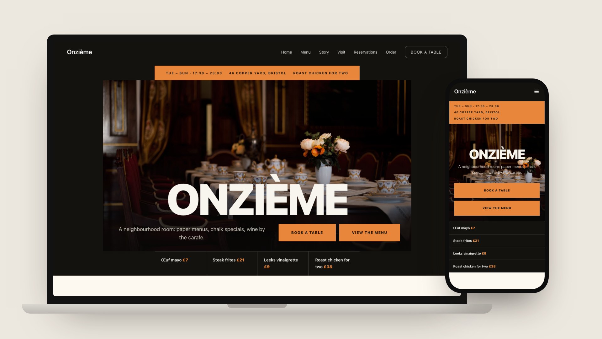 A laptop and a phone showing Onzième, a TableSpark bistro template, with opening hours and address in a top bar, Book a table and View the menu buttons, and four dishes with prices under the hero photograph.