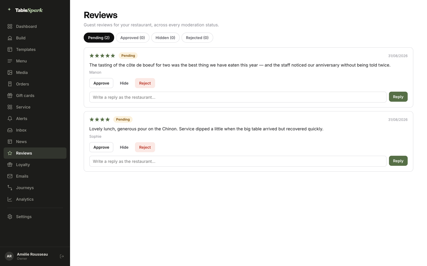 The Reviews page, Pending tab, with a five-star review and its Approve, Hide, Reject and Reply actions