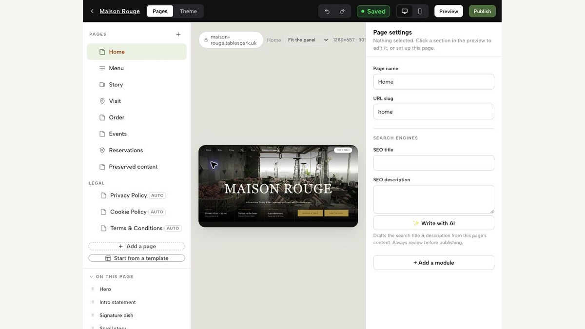 Authentic TableSpark Builder showing editable restaurant pages, page settings, responsive preview and the Publish control.