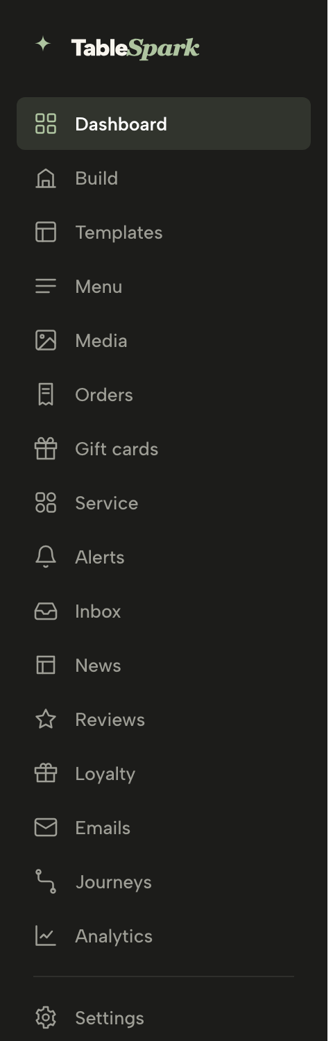 The TableSpark sidebar from Dashboard down to Analytics and Settings.
