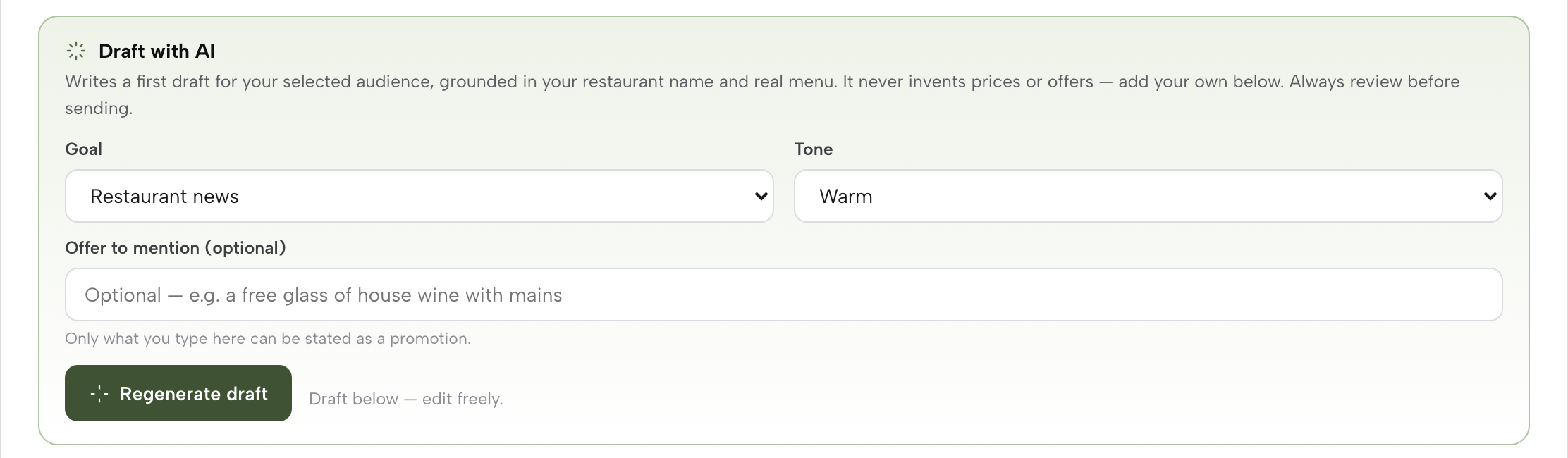 The Draft with AI panel: Goal, Tone, an optional offer field with the note that only what you type can be stated as a promotion, and the draft button.