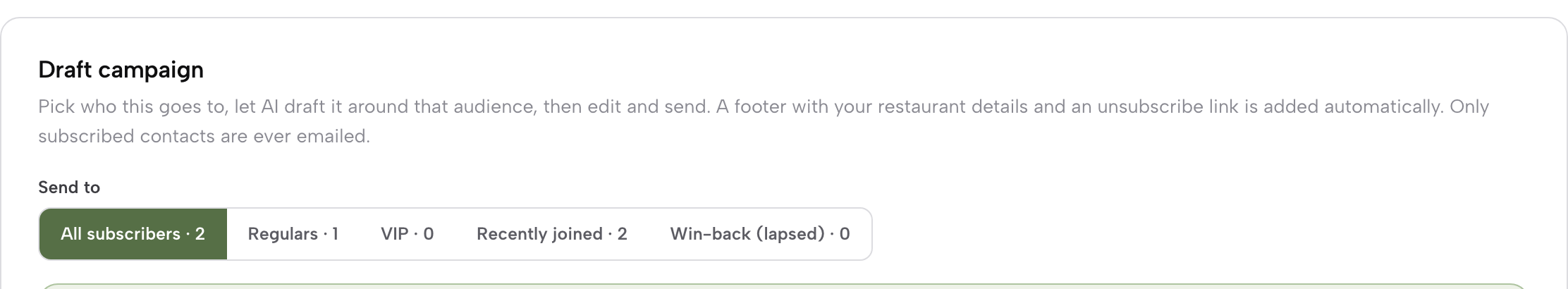 The Compose tab: Draft campaign, with the Send to choices All subscribers, Regulars, VIP, Recently joined and Win-back (lapsed), each with its count.