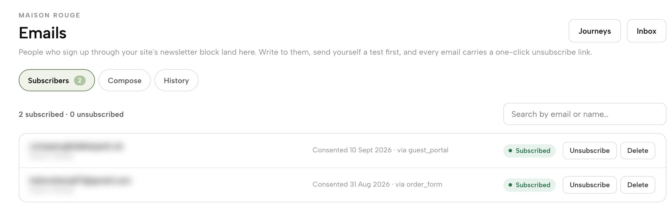 The Emails page on the Subscribers tab: two subscribed contacts, each with a consent date and source, Unsubscribe and Delete. Names and email addresses are blurred for this guide.
