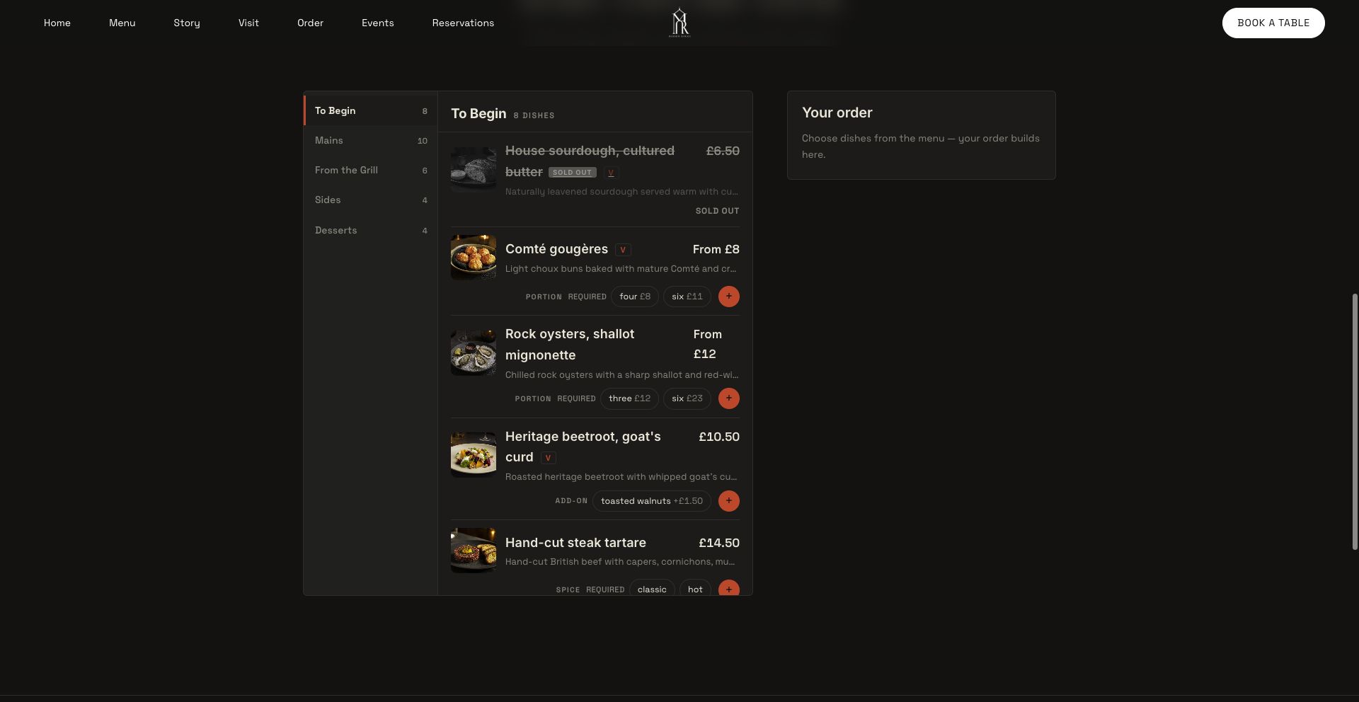 TableSpark public ordering menu showing visible sections, dishes, prices, portions, add-ons, availability controls and a Your order panel.