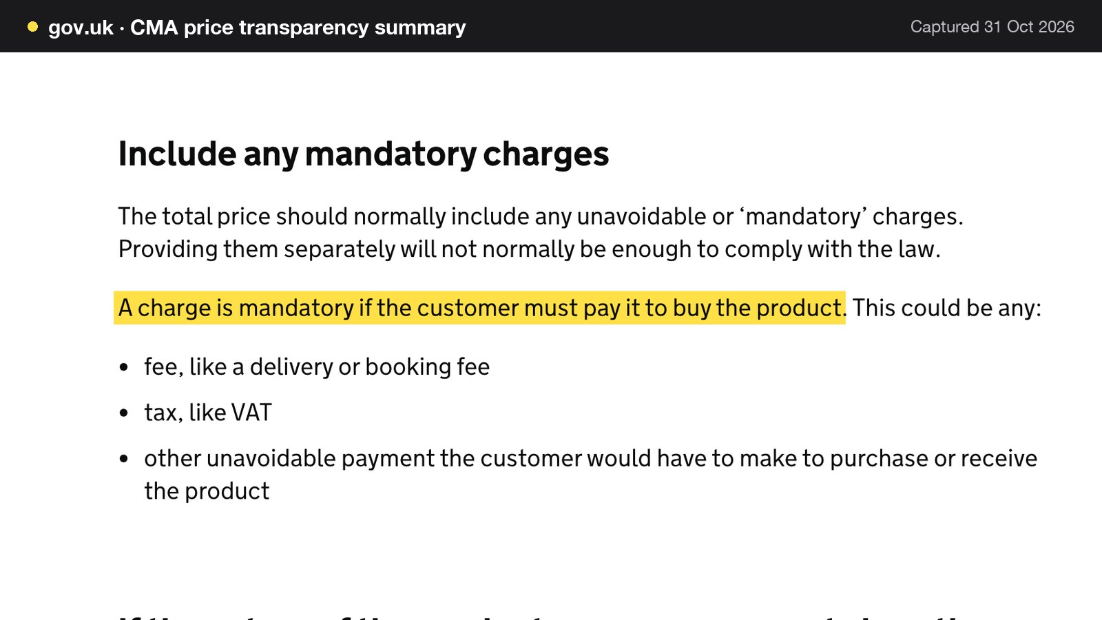 Screenshot of CMA price transparency summary on gov.uk, with the words "A charge is mandatory if the customer must pay it to buy the product" highlighted.