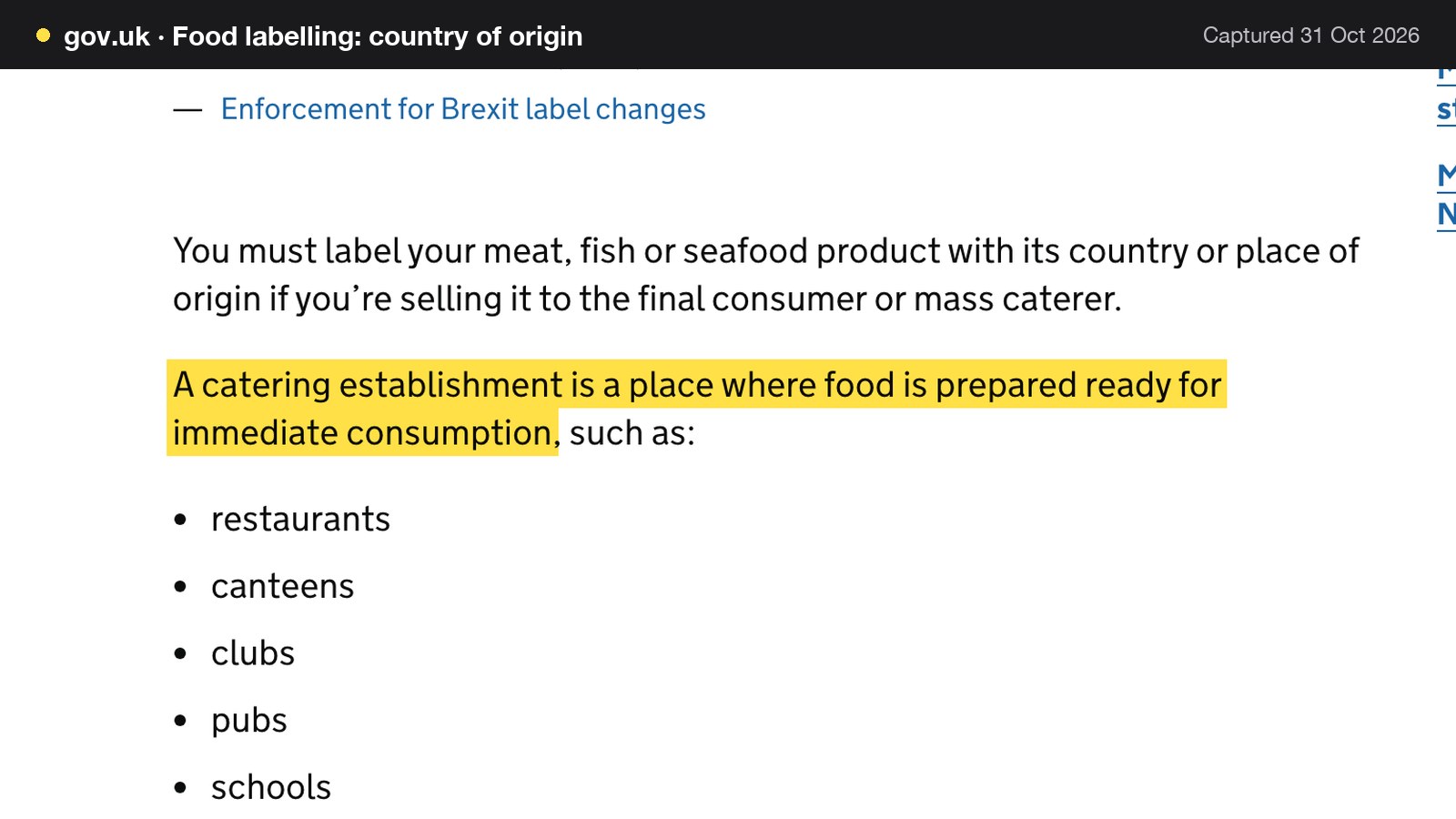 Screenshot of Food labelling: country of origin on gov.uk, with the words "A catering establishment is a place where food is prepared ready for immediate consumption" highlighted.
