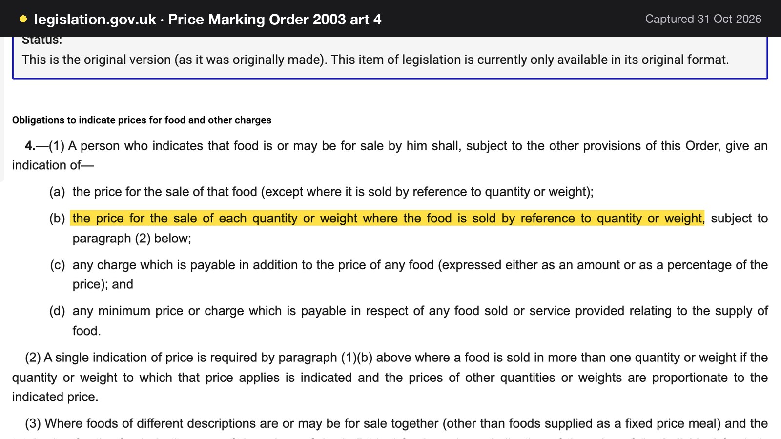 Screenshot of Price Marking Order 2003 art 4 on legislation.gov.uk, with the words "the price for the sale of each quantity or weight where the food is sold by reference to quantity or weight" highlighted.