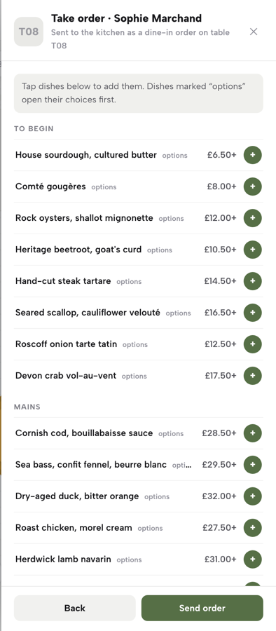The Take order pad for table T08: the published menu by section, each dish with its price and an add button, dishes with options marked.