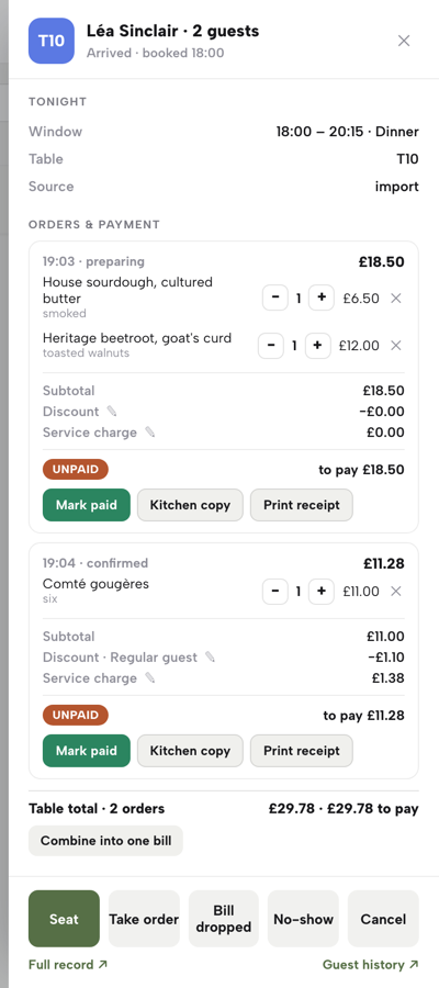 A table's till on the booking sheet: two unpaid orders, each with Mark paid, Kitchen copy and Print receipt, the table total and Combine into one bill.