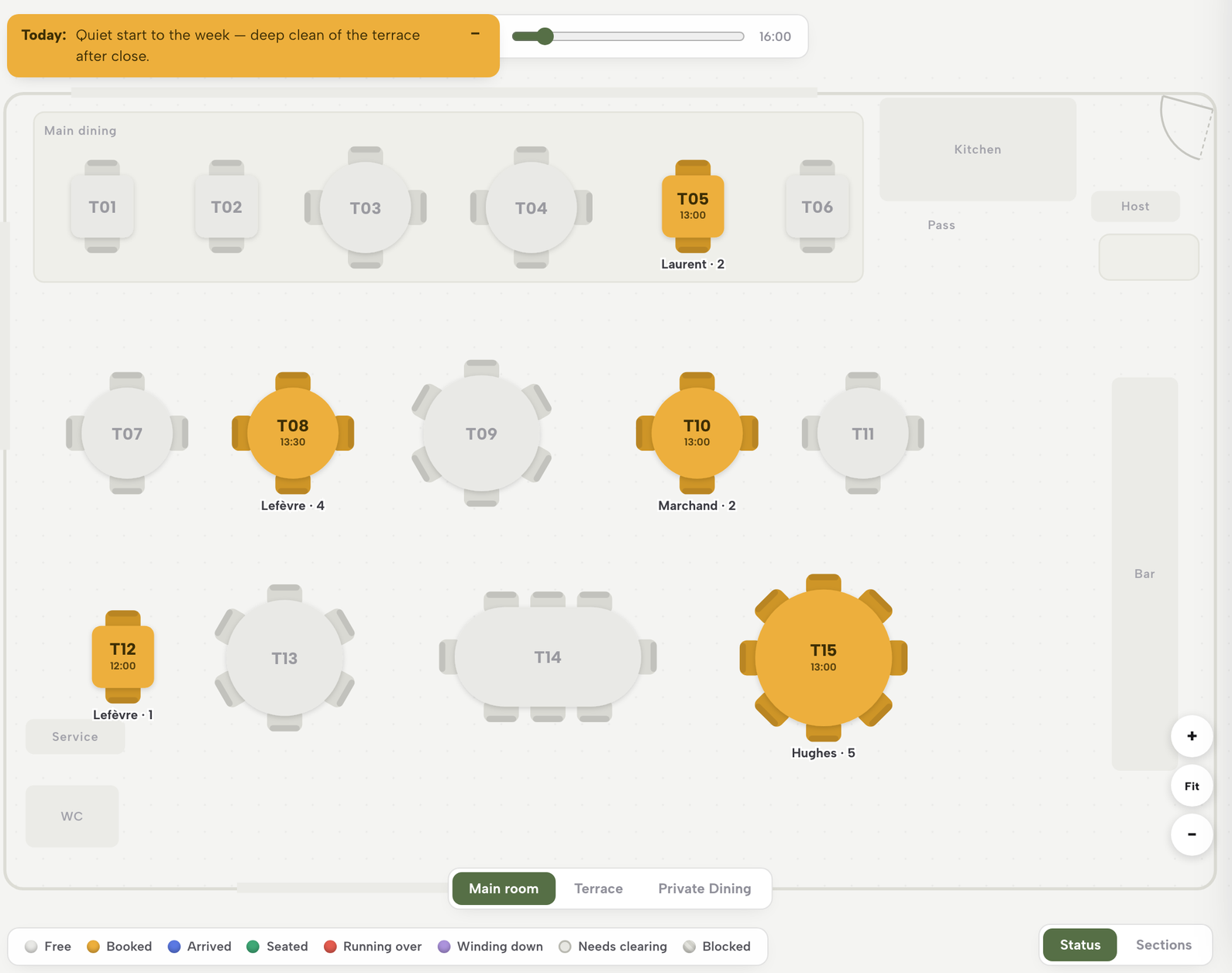 The service floor in TableSpark: Main dining tables T01 to T15 coloured by status, booked tables showing the guest name and time, with Main room, Terrace and Private Dining pills.