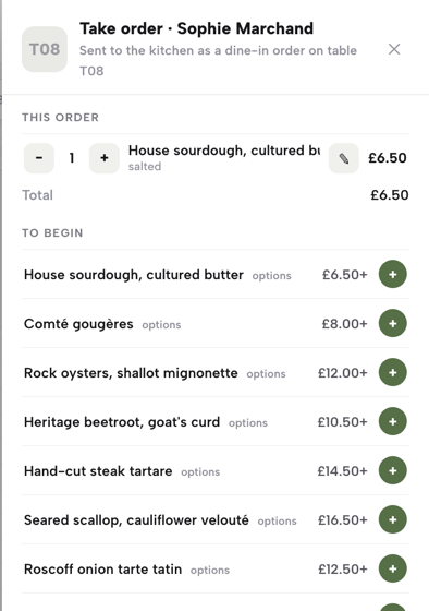 The order pad's This order list: one House sourdough with its choice noted, quantity steppers and the running total.