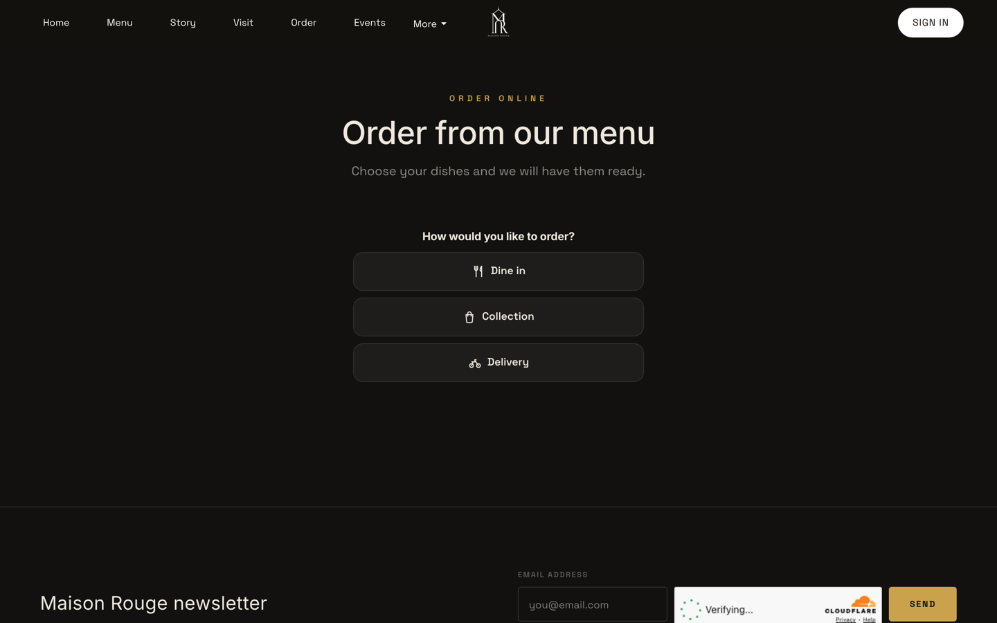 Practice screen: the public Order page's first question, How would you like to order, with Dine in, Collection and Delivery as three buttons