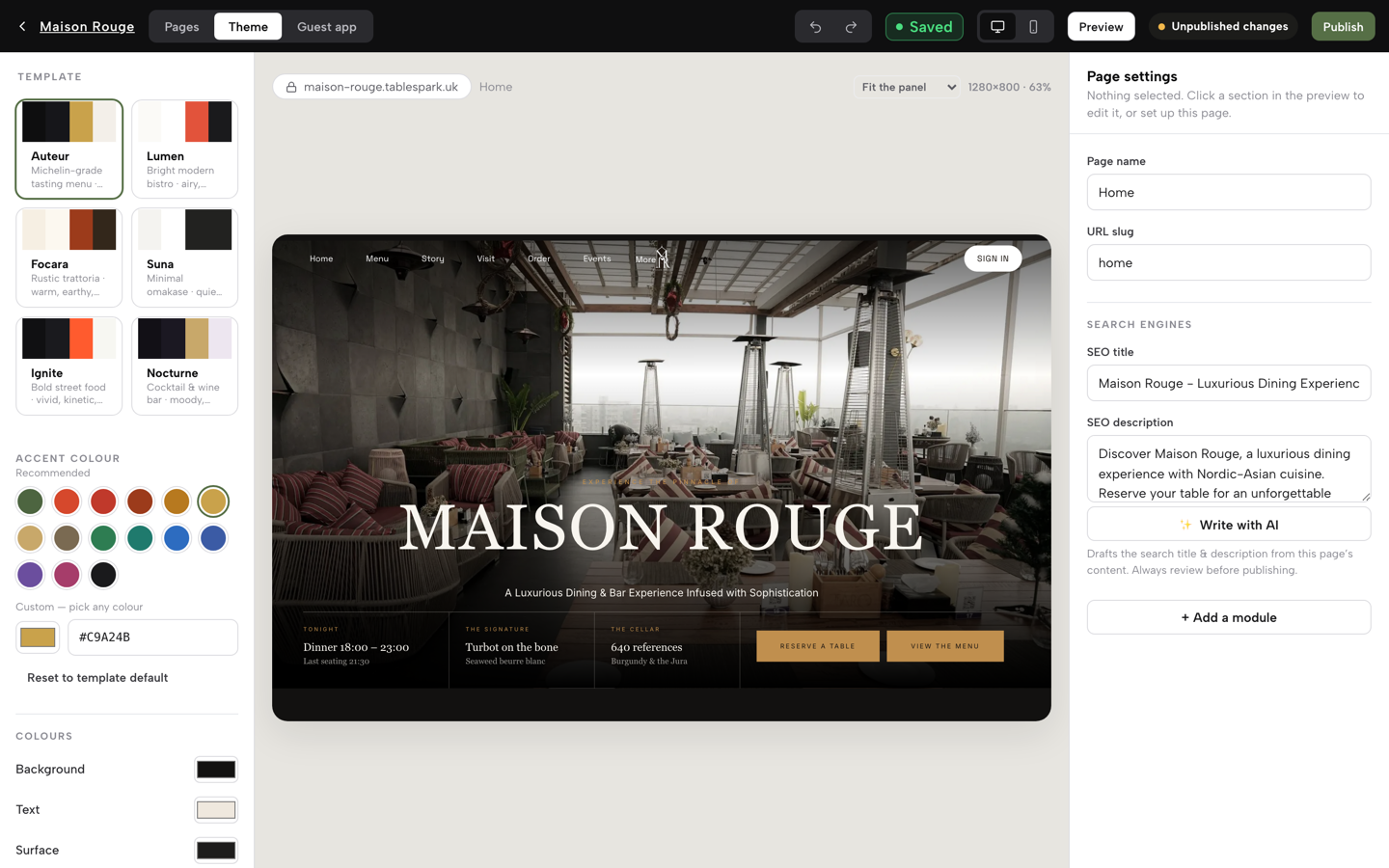 The Theme panel's template gallery, with the current design marked
