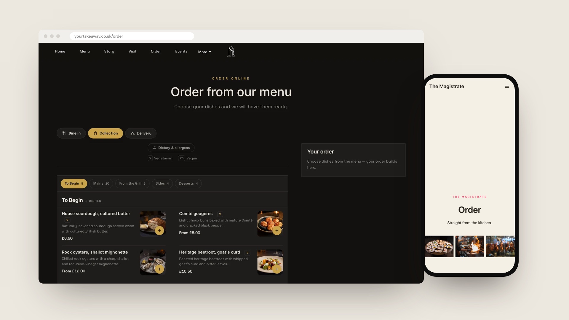 A browser and a phone showing a TableSpark template's Order page in Collection mode, with Dine in, Collection and Delivery choices, dietary filters, category tabs and photographed dishes.