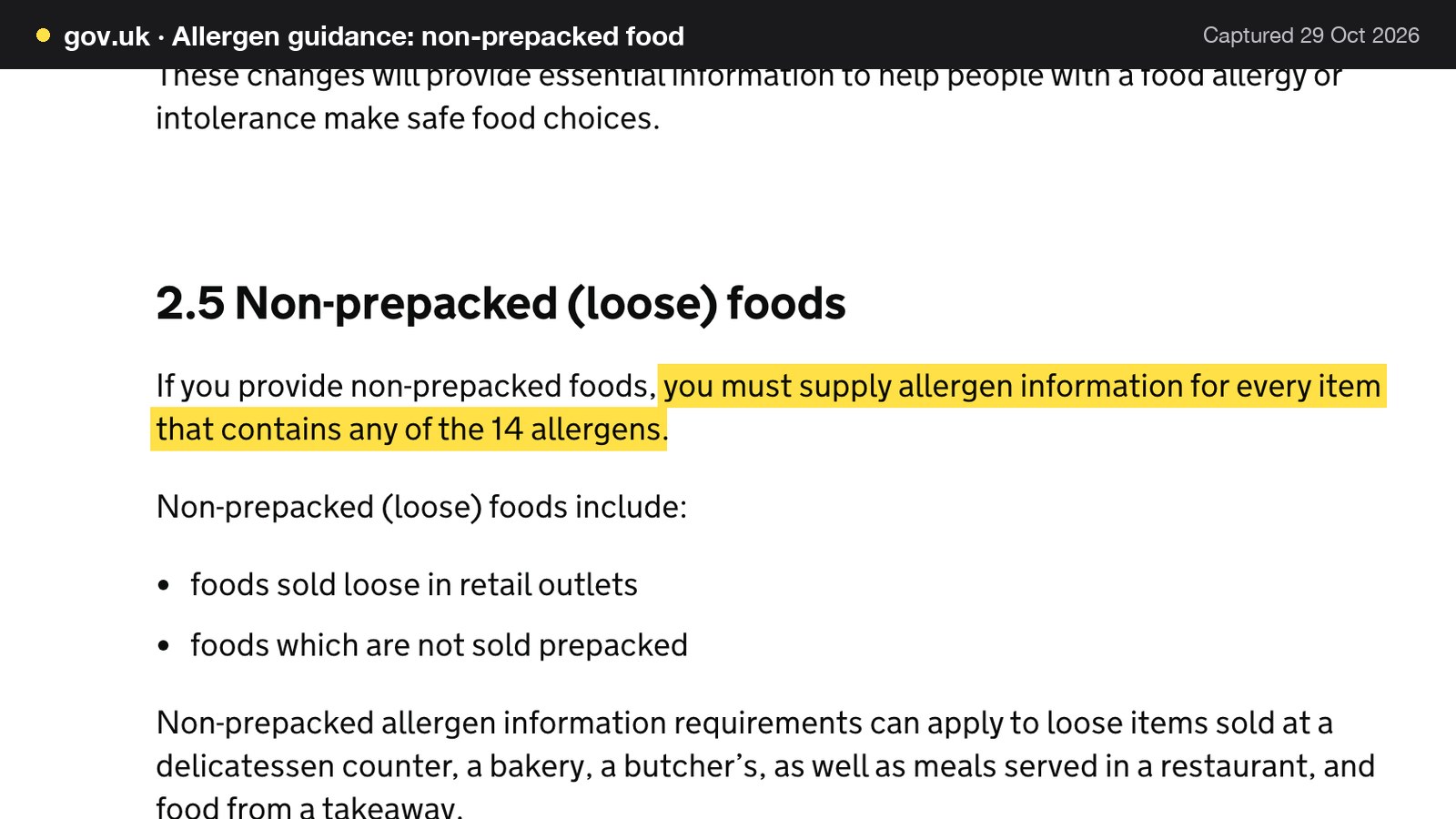 Screenshot of Allergen guidance: non-prepacked food on gov.uk, with the words "you must supply allergen information for every item that contains any of the 14 allergens" highlighted.