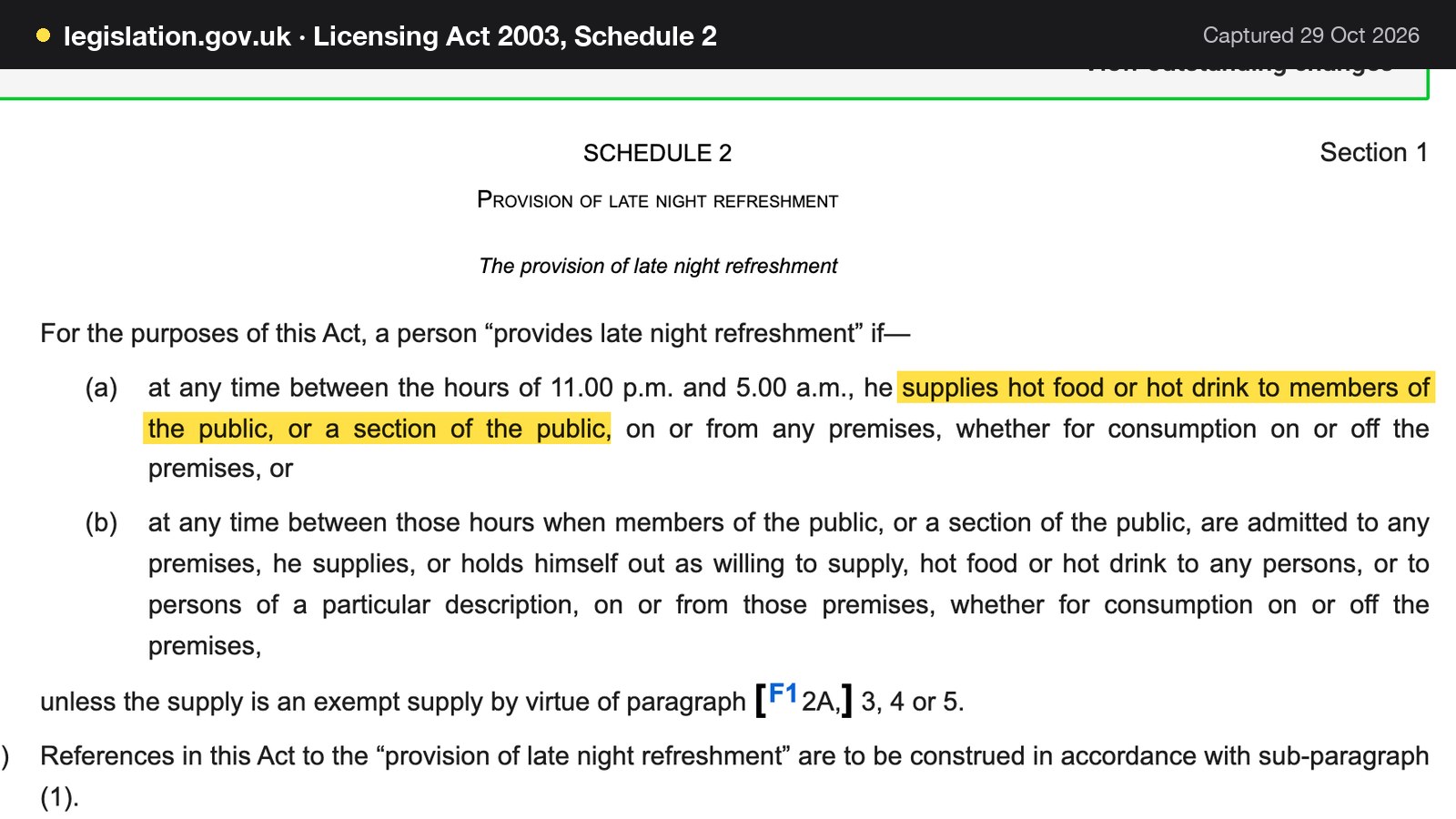 Screenshot of Licensing Act 2003, Schedule 2 on legislation.gov.uk, with the words "supplies hot food or hot drink to members of the public, or a section of the public" highlighted.