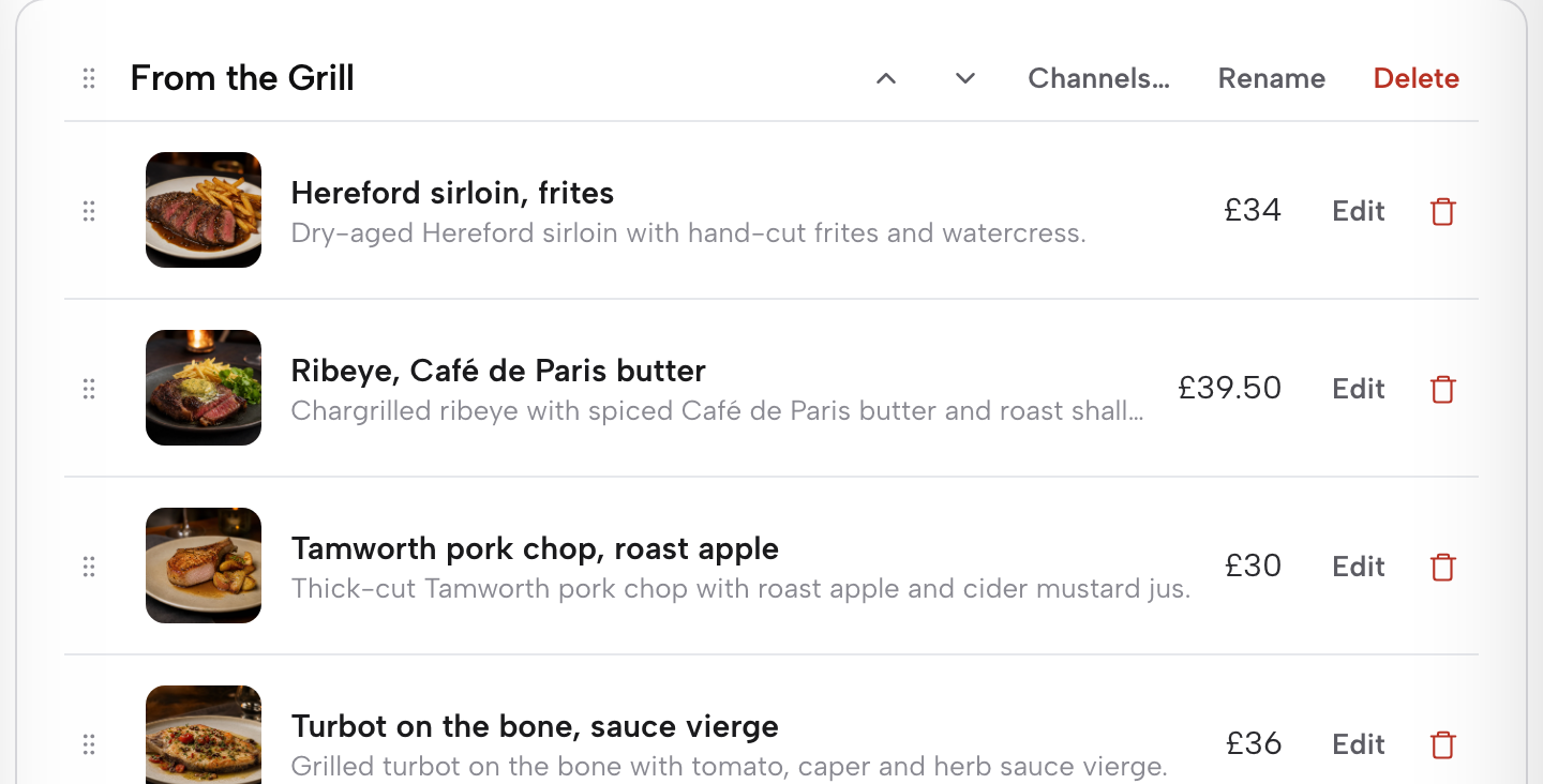 The From the Grill section on the TableSpark Menu page, with Hereford sirloin, frites at £34 and an Edit button on its row.