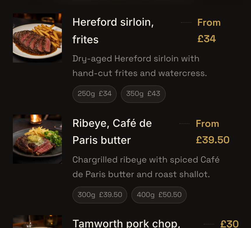 The public Maison Rouge menu on a phone: Hereford sirloin, frites shown From £34, with 250g £34 and 350g £43 listed under it, and the ribeye below.