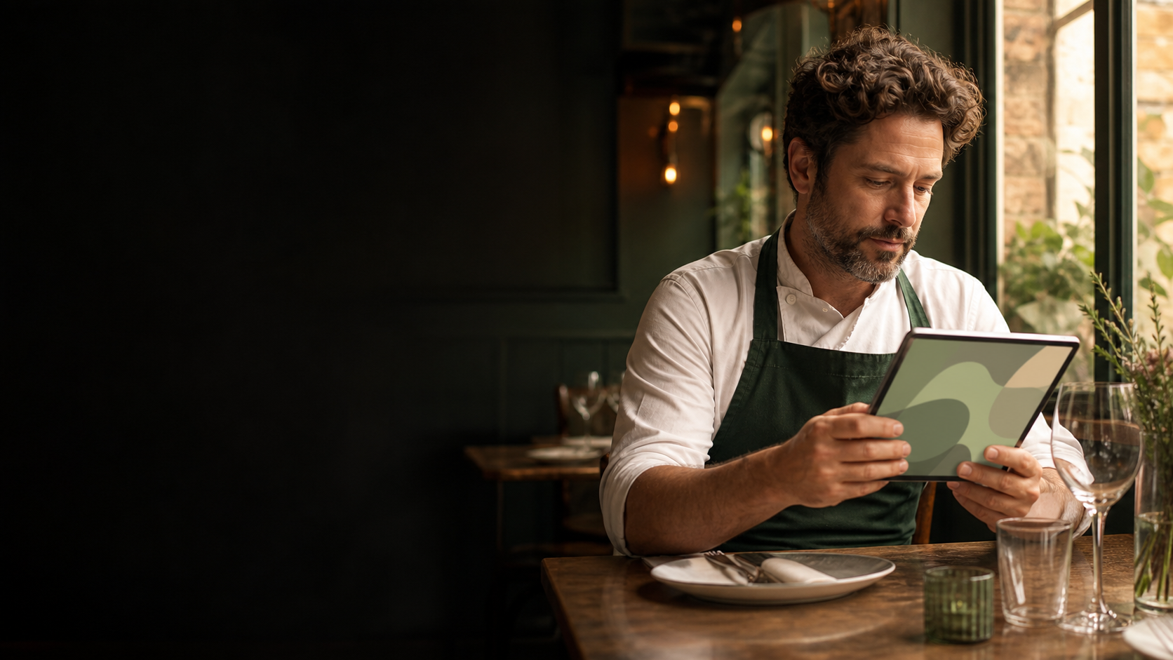 Restaurant owner reviewing a tablet before approving a menu-price update.
