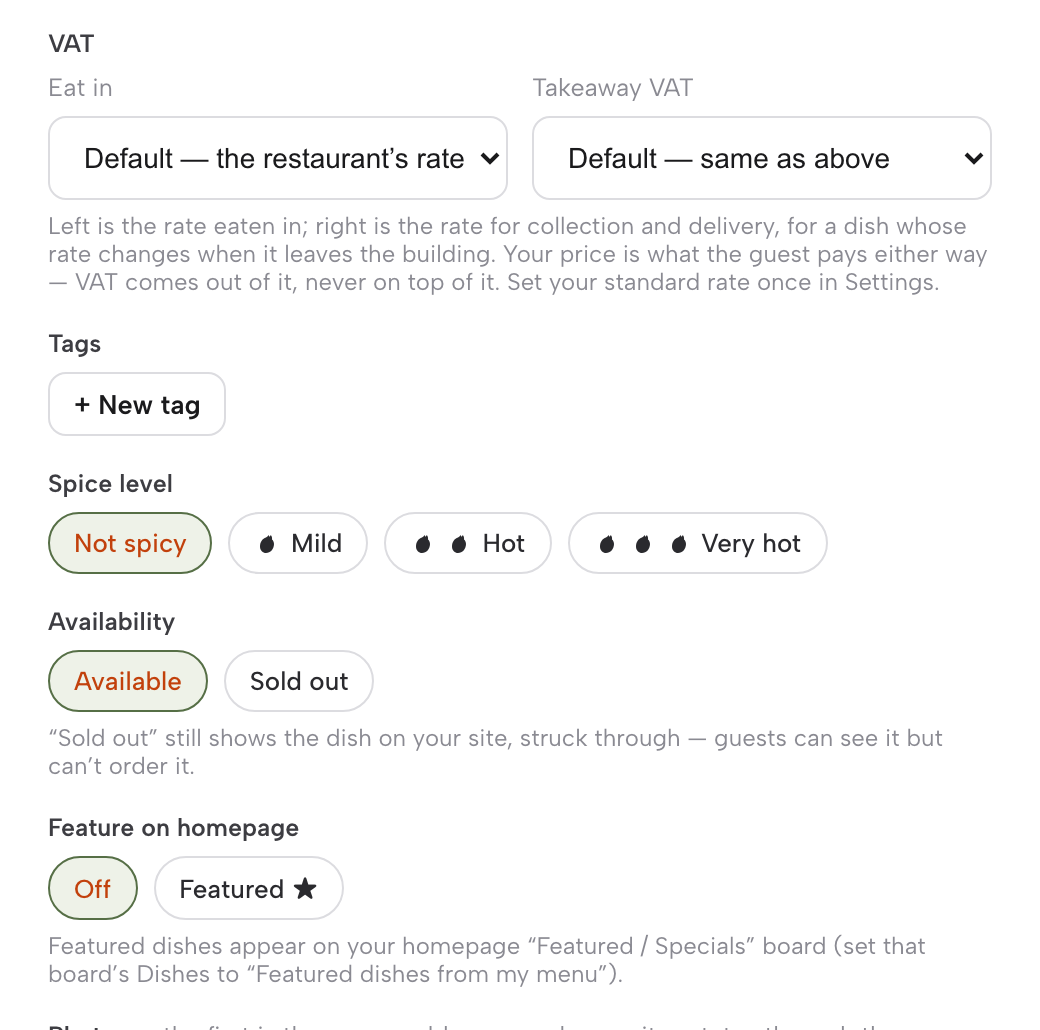 Lower part of the TableSpark Edit dish form: eat-in and takeaway VAT rates, spice level, Availability with Available and Sold out, and Feature on homepage.