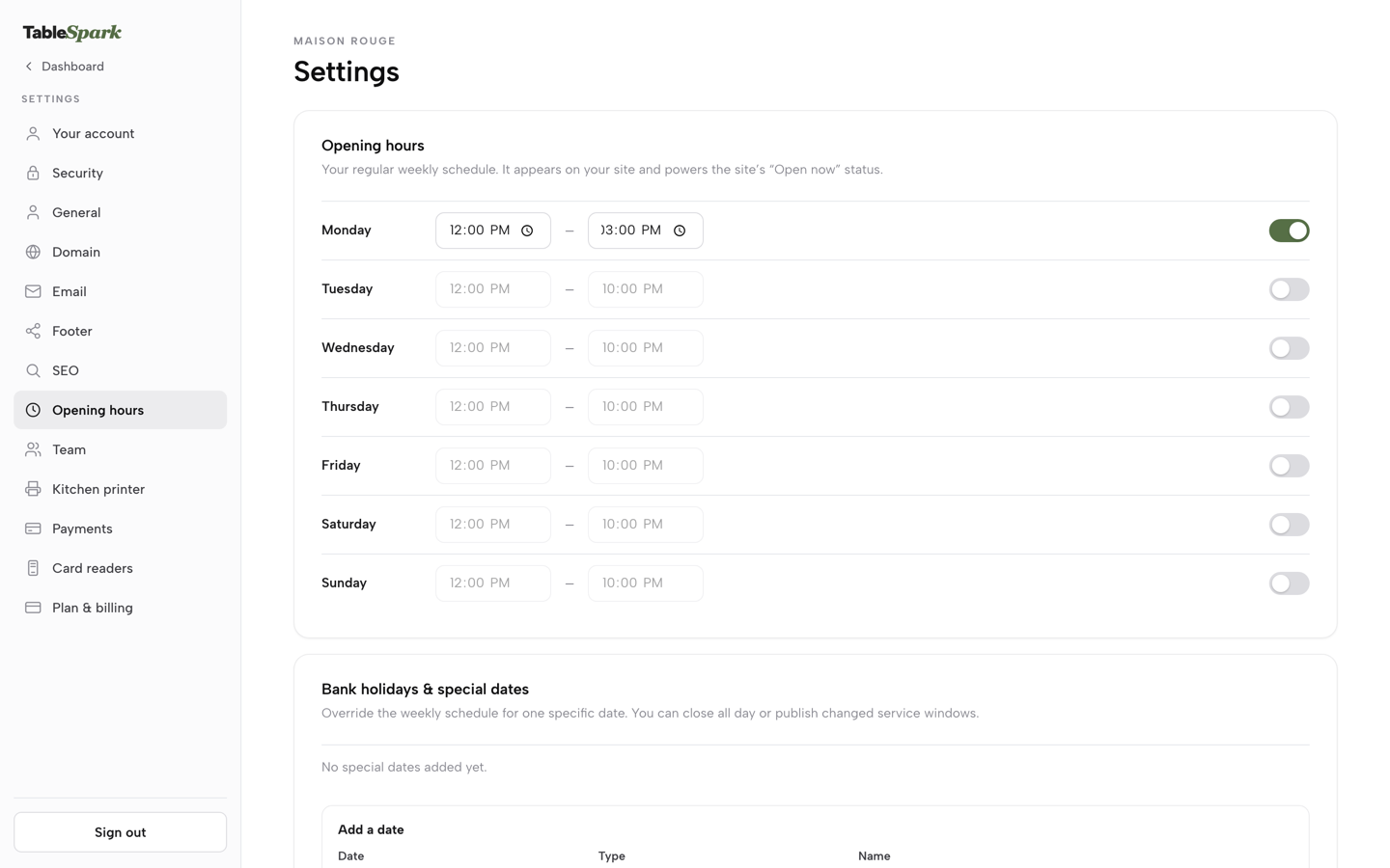 Monday switched on, its From and To time fields now editable and filled to 12:00 PM and 3:00 PM