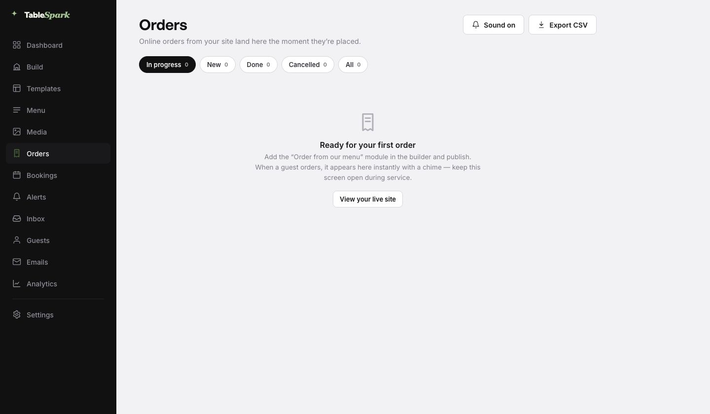 Authentic TableSpark Orders workspace showing the privacy-safe empty queue, service-status filters, sound control and CSV export.