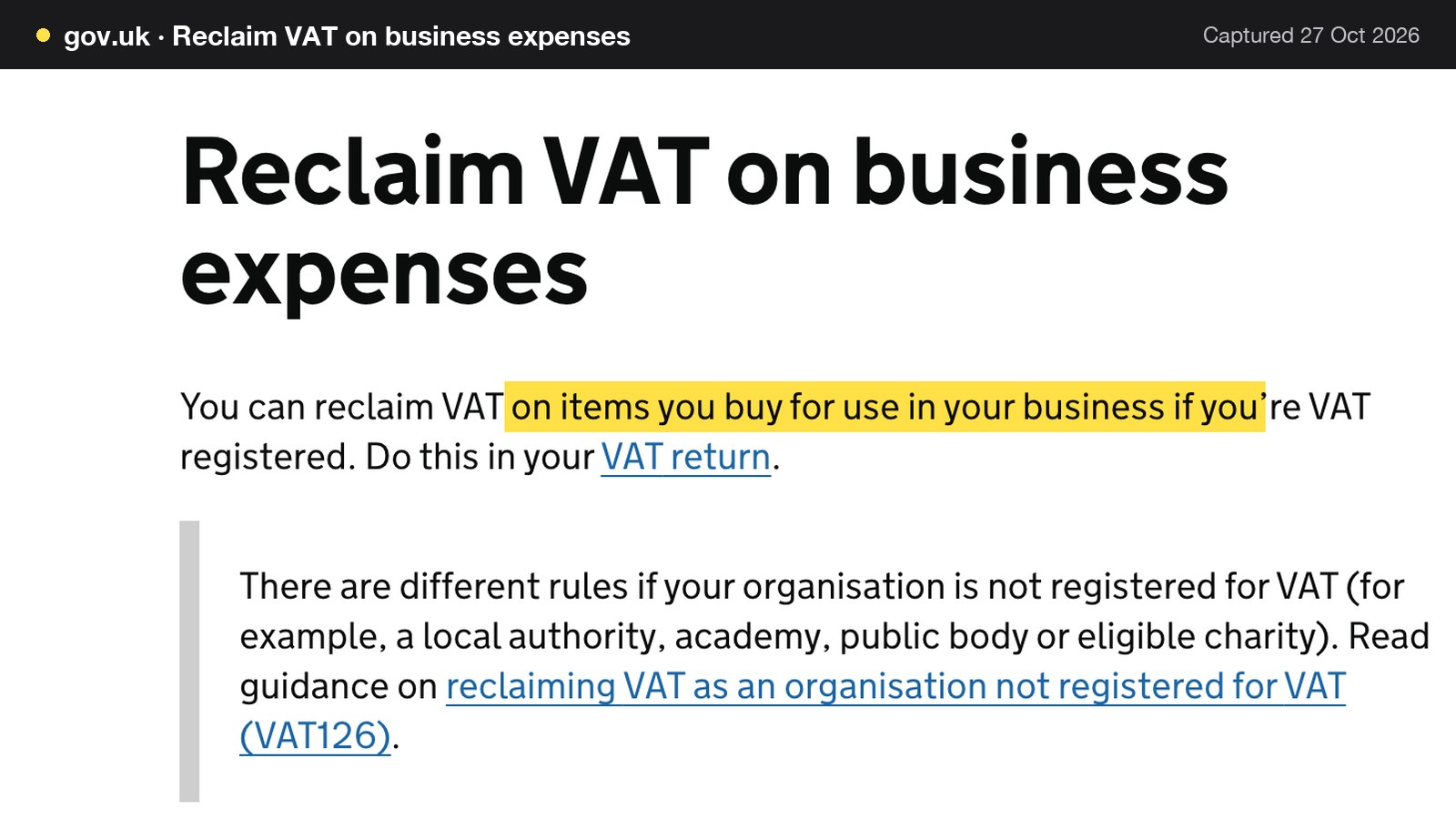 Screenshot of Reclaim VAT on business expenses on gov.uk, with the words "on items you buy for use in your business if you" highlighted.
