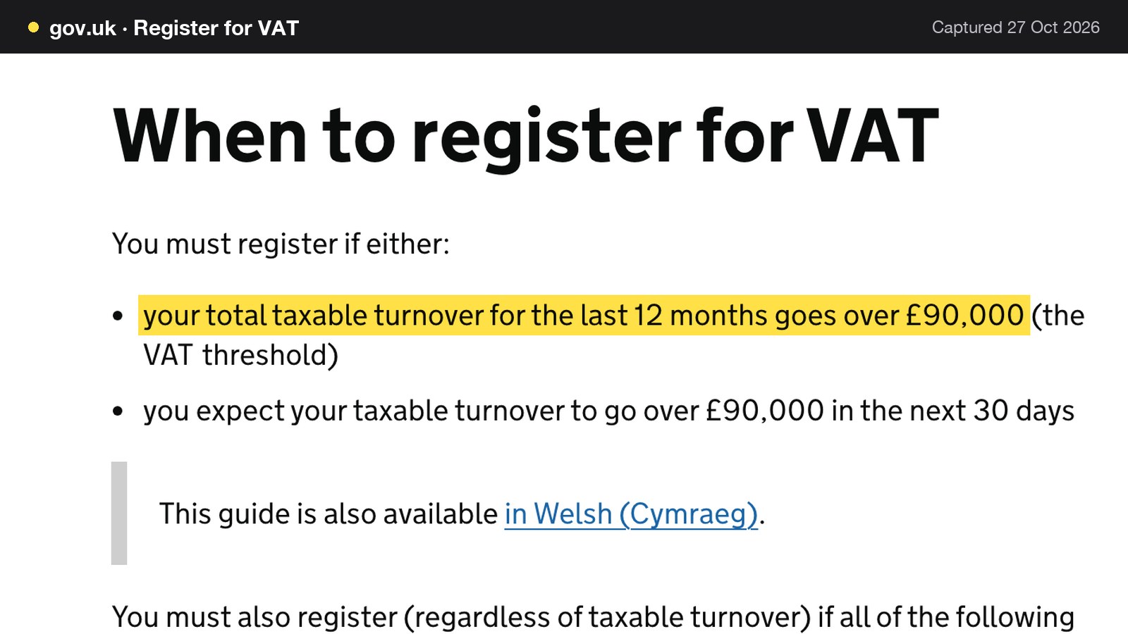 Screenshot of Register for VAT on gov.uk, with the words "your total taxable turnover for the last 12 months goes over £90,000" highlighted.