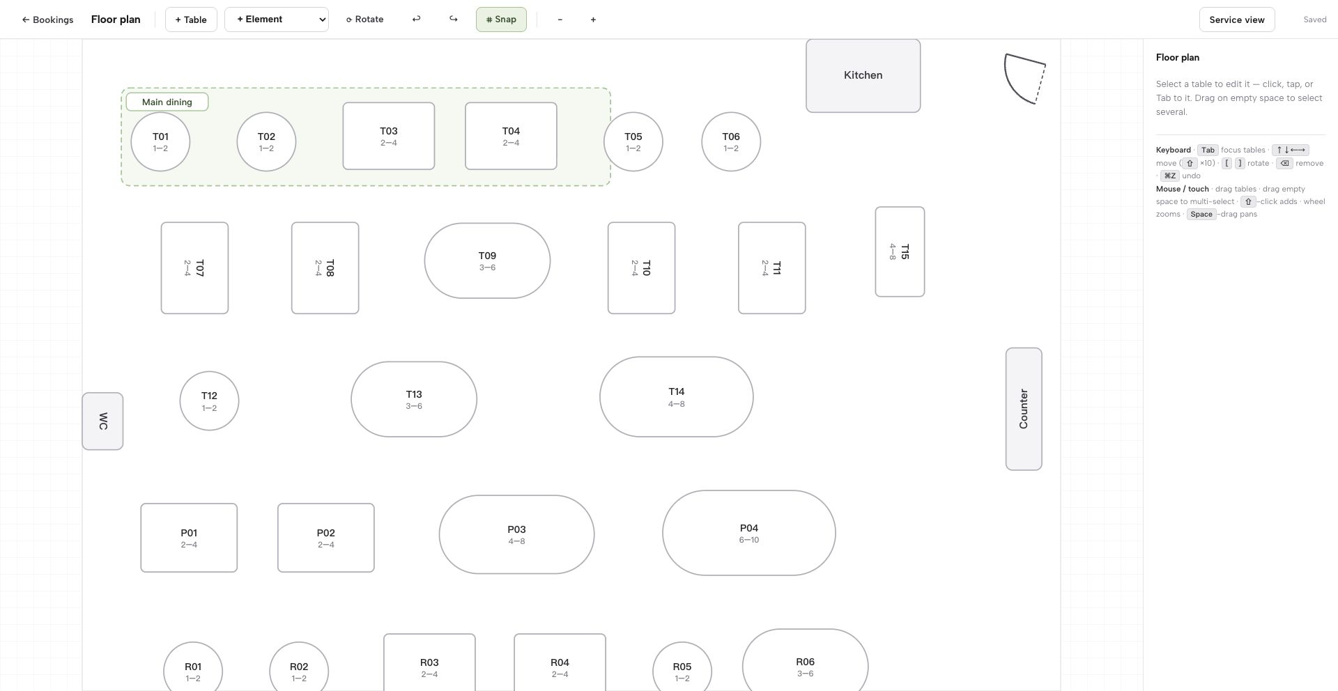 TableSpark floor-plan editor showing named tables, seating-capacity ranges and visible layout controls.