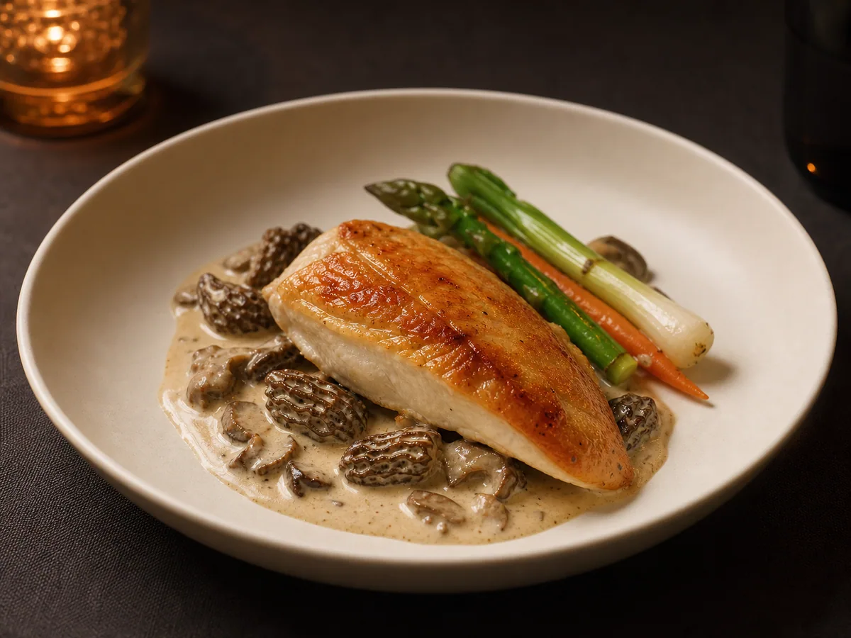 Roast chicken, morel cream