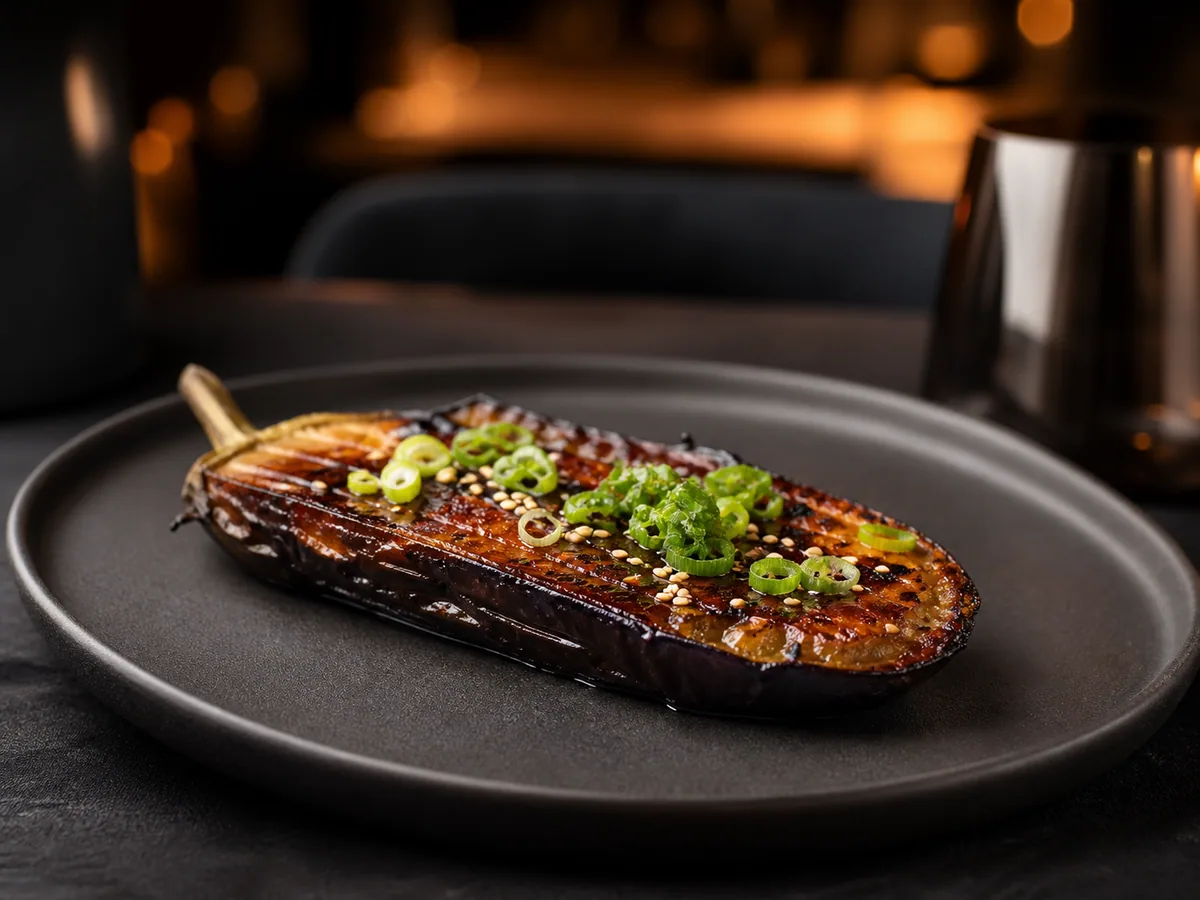 Charred aubergine, black garlic